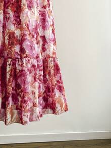 Dreamara Plusstorlek Dam Vår Alla hjärtans dag Rosa blommig chiffongklänning med fyrkantig halsringning och rynka ärmar - Multifärgad - Visa 5