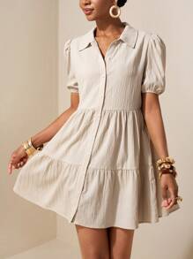 Zivah 2025新款度假卡其色荷叶边灯笼袖宽松连衣裙，夏季，太阳裙，纹理面料材质 - 卡其色 - 查看 5