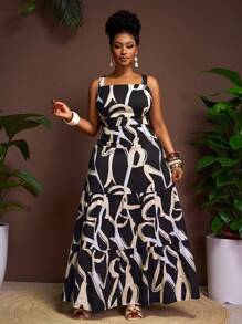 Veslaya 大码休闲基本款海滩优雅黑白抽象印花细肩带连衣裙 - 黑與白 - 查看 3
