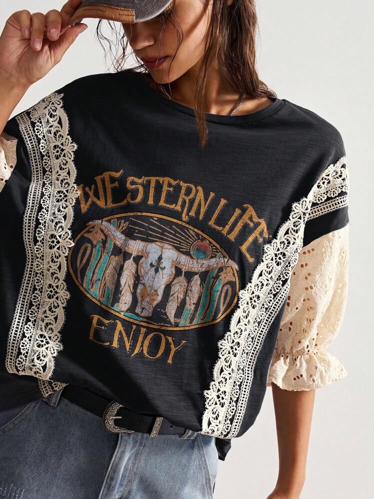 Bohemela Camiseta de verano para mujer con cuello redondo, confeccionada en tejido de mezclilla lavado, con parches, bordado de cabeza de toro y patrón vaquero desgastado