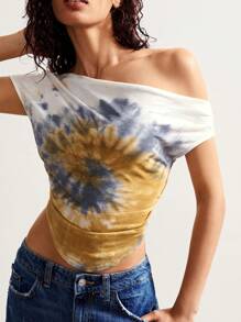 Bohemela Boho Indie Tie-Dye Oblique Collar Fitted Asymmetric Hem Women Casual Tee