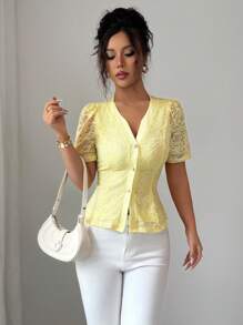 Elenzga Camicia slim fit a maniche corte con bottoni e pizzo a contrasto per l'estate da donna - Giallo - Visualizzare 3
