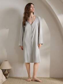 Ocili 休闲天然亚麻V领女士休闲长袍，带贝壳纽扣，节日季