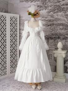 SHEIN MOD 长袖，带束带细节和可调节领带，胸部、腰部和袖子处有蝴蝶结细节，宽松的硬纱礼服，带荷叶边蕾丝花边