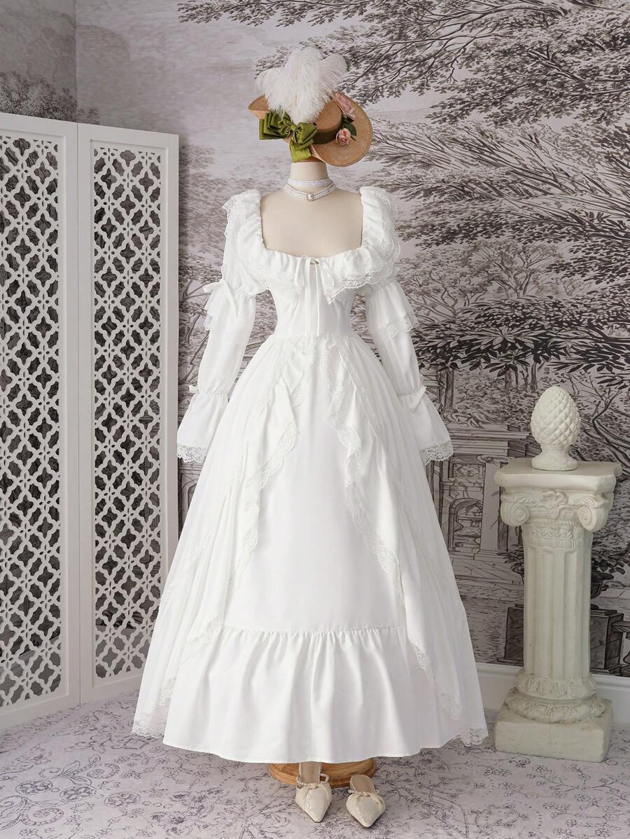 SHEIN MOD 长袖，带束带细节和可调节领带，胸部、腰部和袖子处有蝴蝶结细节，宽松的硬纱礼服，带荷叶边蕾丝花边