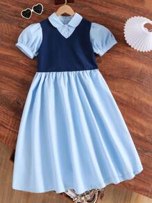 Vestido de niña preadolescente con cuello Peter Pan, contraste de color, lazo y manga abullonada, adecuado para el verano - Azul - Ver 2