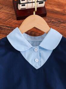 Vestido de niña preadolescente con cuello Peter Pan, contraste de color, lazo y manga abullonada, adecuado para el verano - Azul - Ver 4