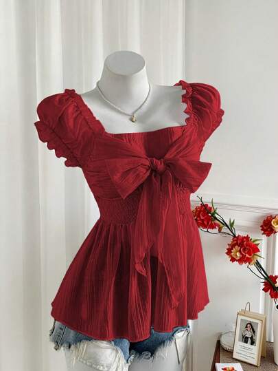 Sweetra Blusa de gasa de manga corta con lazo dulce y sexy para señoras, de verano