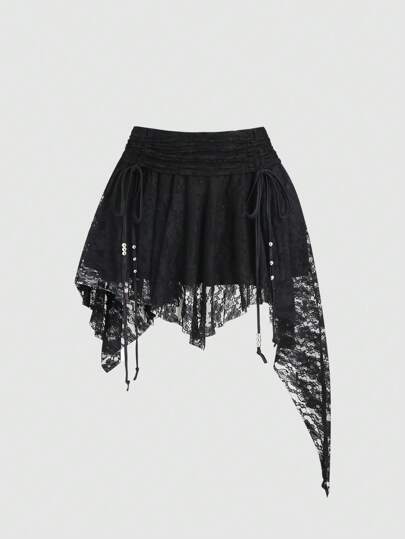 Sweetra 波西米亚风格针织蕾丝荷叶边不对称下摆腰褶皱女式迷你裙