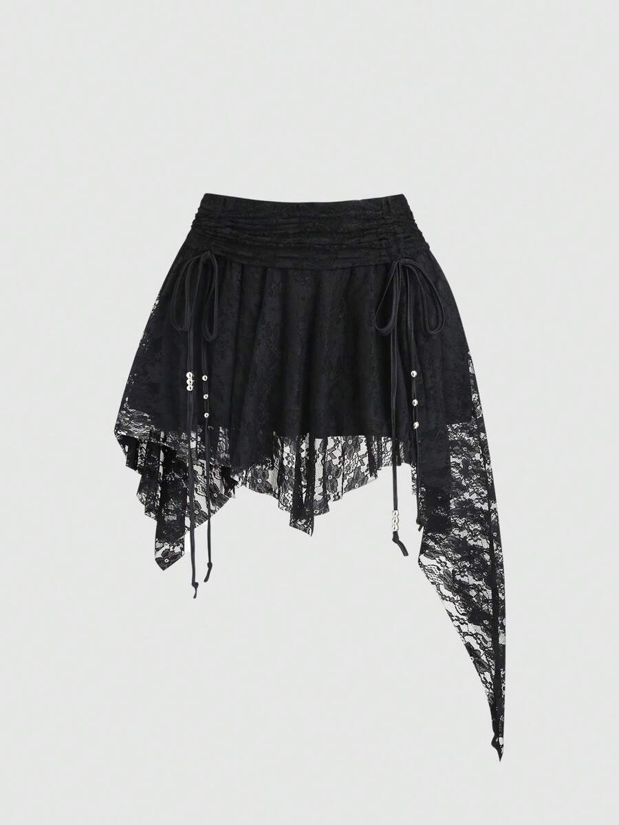 Sweetra Bohemian Style Knitted Lace Ruffle Asymmetrical Hem Waist Shirred Women Mini Skirt - Black - View 1