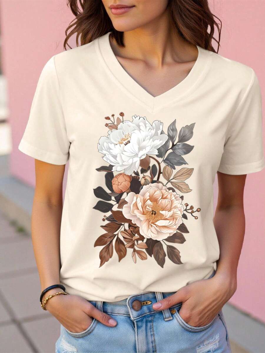 INAWLY Women's V-Neck Short Sleeve T-Shirt, Fashionable For Summer - Apricot - View 1