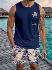 Manfinity RSRT 男士休闲椰子树印花背心和短裤套装，夏季沙滩装套装，舒适服装 - 彩色 - 查看 1