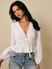 Poéselle 女士白色长袖棉质上衣，波西米亚风深 V 领荷叶边衬衫，带蕾丝花边袖子和抽绳腰带 | 波西米亚风衬衫，秋季女装，女式田园风上衣，白色长袖短款上衣，田园风上衣，春季女装创意，女士休闲百搭纯色系带衬衫，秋季女装 - 白色 - 查看 7