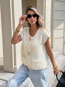 Serisse Women's Cream White Elegant Loose Coarse Knit Vest Sweater Cardigan,Autumn Vacation Metal Shell Decoration Patch Pocket Solid Color Casual Tops - Beige - View 6