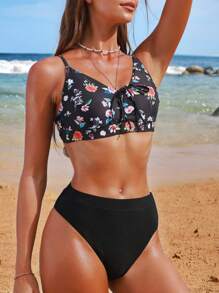 Swim Vcay 2pcs/Set Women Digital Print & Solid Bathing Suit, Slimming Split Swimwear Set For Vacation & Beach For Summer - Black - View 4