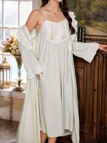 PalaceNights Floral Embroidery Patchwork Retro Palace Style Women's Camisole Nightgown And Robe Sets, Fall Clothes - Mint Green - View 8