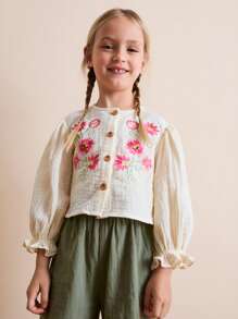 THE HAPPY LOOK Young Girls Embroidered Wooden Button Long Sleeve Shirt And Contrast Color Pants Two Pieces Outfits, Autumn