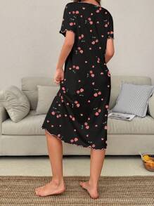 SHEIN Women Color Block Cherry Print Lettuce Trim Short Sleeve Nightgown, Moo Moo Sleep Dress - Multicolor - View 2
