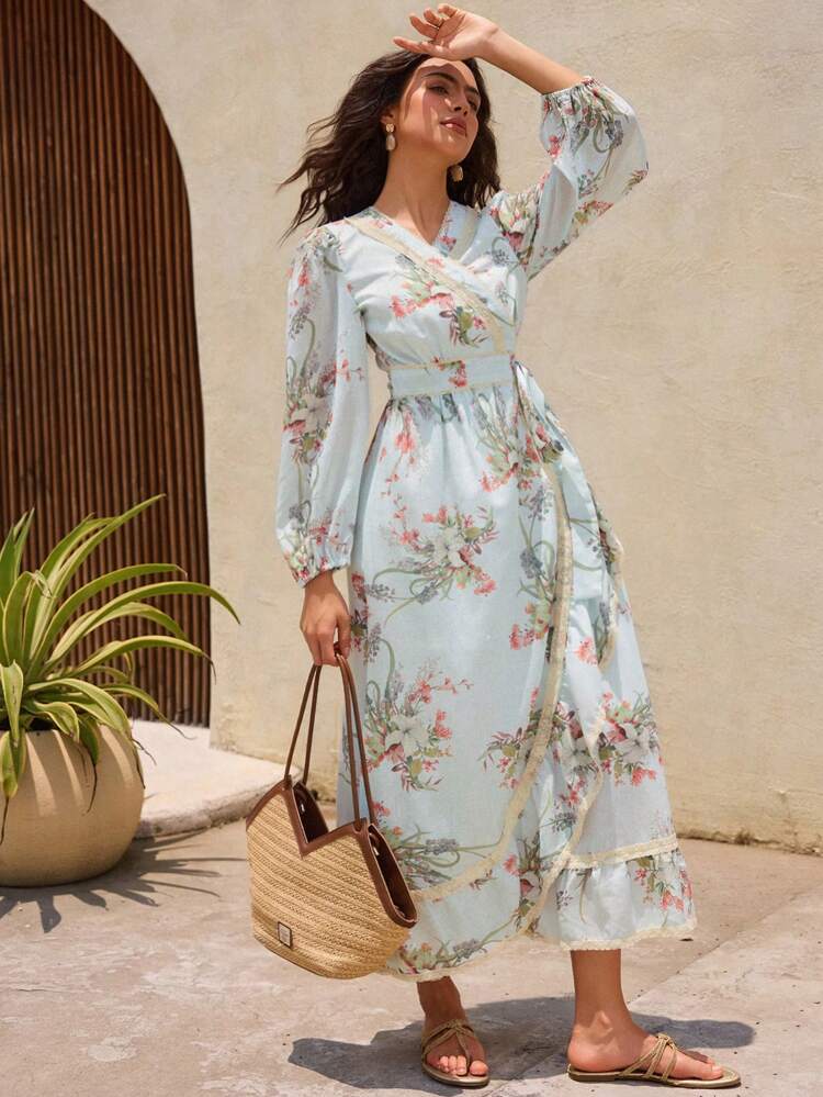 Women's Allover Print Ruffle Hem With Cinched Waist Bohemian Style V-Neck Dress Long Floral Dress Women Long Sleeve Maxi Dress Women Long Sleeve Fall Dresses Floral Wrap Dress Casual Long Dress Vacation Boho