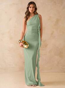 SHEIN BAE Spring & Summer Solid Color Asymmetric Ruched Backless Long Mesh Ruffled Hem Elegant Dress, Beach Vacation Dress,Valentine's Day,Valentine Outfits For Women - Mint Green - View 3