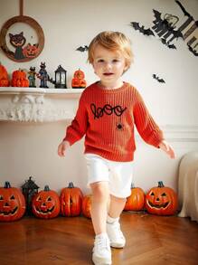 SHEIN Vintaside Kids 男婴休闲万圣节南瓜色针织毛衣，带英文字母和蜘蛛印花，柔软舒适，适合日常穿着、郊游、旅行、度假、居家、日托、玩耍、派对、万圣节