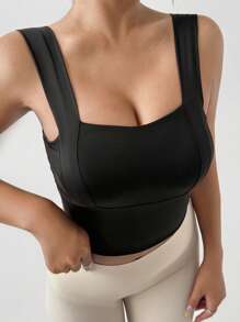 DAZY 宽肩带方领跑步瑜伽运动背心 - 黑色 - 查看 5