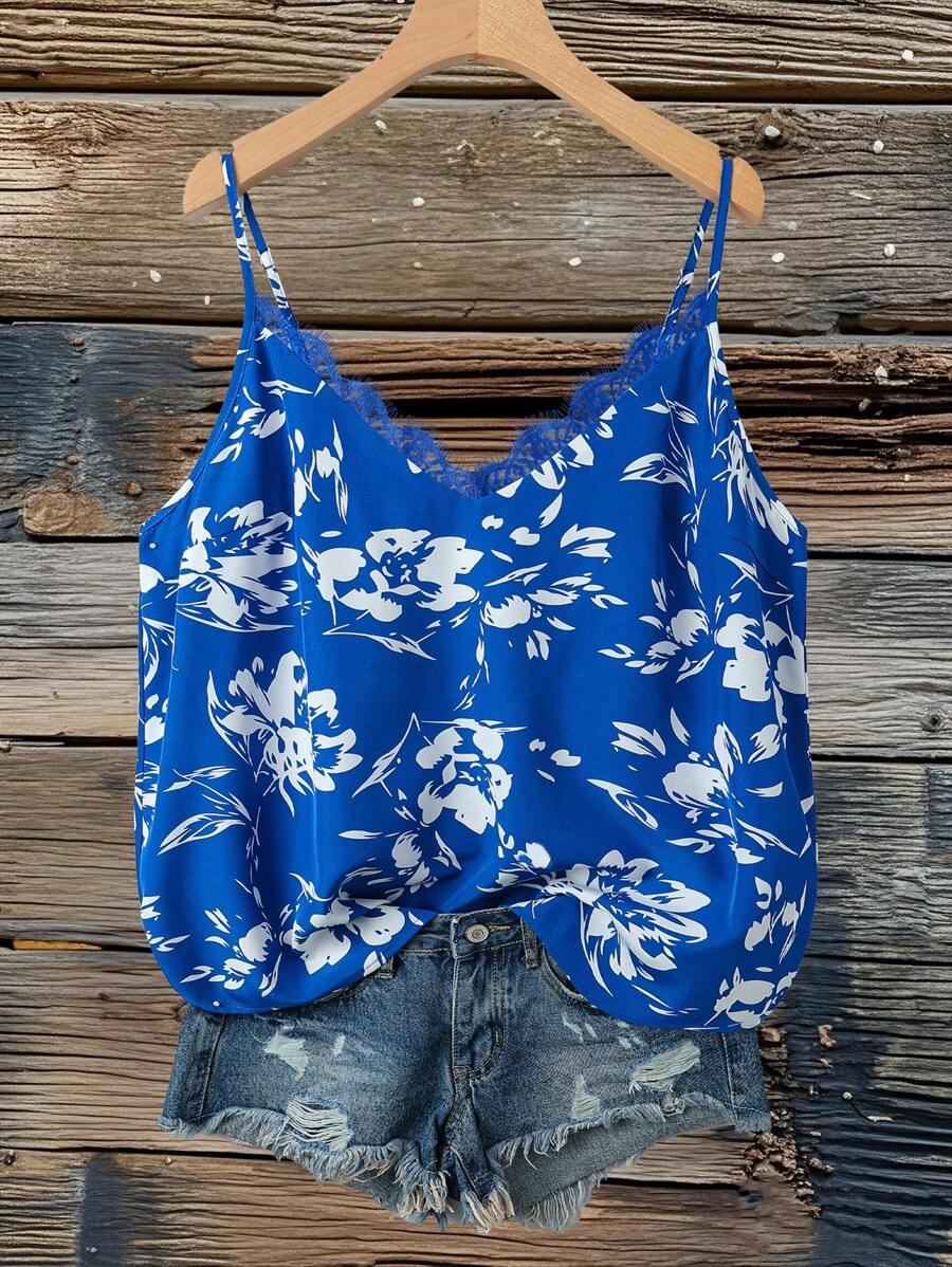 SHEIN VCAY 大码女式夏季假日印花撞色蕾丝吊带背心 - 藍色 - 查看 1