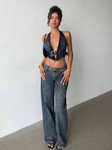Aloruh Top corto de denim con escote en V profundo y cuello halter anudado, top de verano, sexy para club, para salir de noche - Lavado ligero - Ver 7