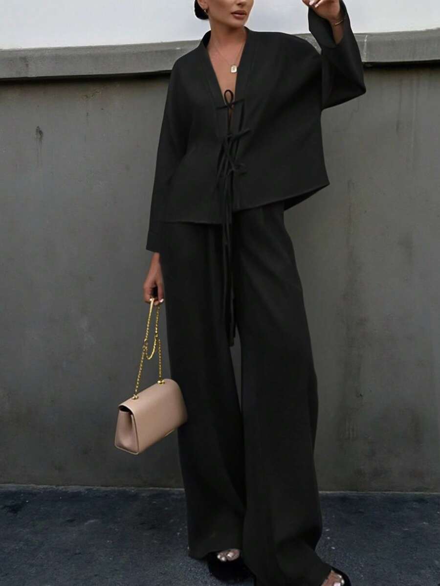 INAWLY 2 件套女士休闲纯色前系带衬衫和阔腿裤套装，春秋