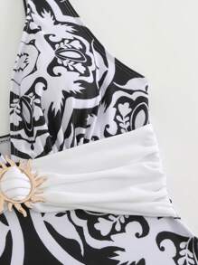 Swim Oasis 2025 新款三件套女士定位印花连体泳衣，含裙摆、网眼裤、海滩度假休闲套装，夏季 - 黑與白 - 查看 7