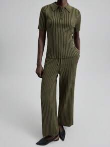 Ontre 2025秋季纯色Polo领针织衫和抽绳长裤套装，复古风格，简约都市通勤装，短袖针织衫，休闲时尚商务休闲女装，圣诞节服装，秋冬新年服装 - 軍綠色 - 查看 2