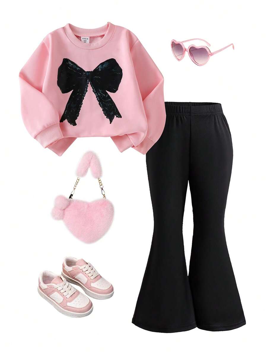 SHEIN Elladie kids 2件組少女可愛淡粉色蝴蝶結印花長袖上衣與黑色喇叭褲套裝,返校季夏季校園運動衫套裝,秋冬款 - 粉色 - 查看 1