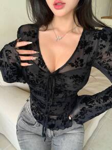 DAZY Ditsy Floral Asymmetric Hem Drawstring V-Neck Fitted Blouse With Bell Sleeves, Suitable For Spring & Summer Long Sleeve Women Tops,Fall Women Clothes