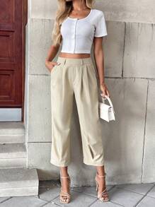 Pariaura 女士休闲卡其色直筒高腰宽松裤，夏季百搭 - 杏色 - 查看 4
