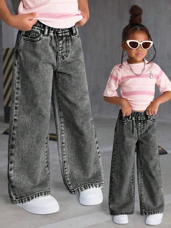 SHEIN Sparklyn Girls' Versatile Fashion Dyed Blue Straight-Leg Jeans, School, Campus, College Fall Winter