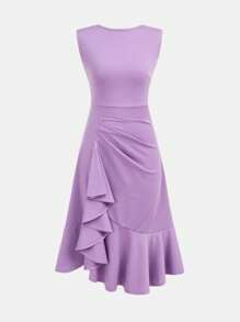 SHEIN Vestido largo de fiesta elegante de unicolor sin mangas con volantes y encaje para adolescentes, ideal para fiestas, citas y eventos familiares importantes