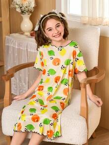 SHEIN 女童水果图案印花休闲宽松睡裙 - 黃色 - 查看 3