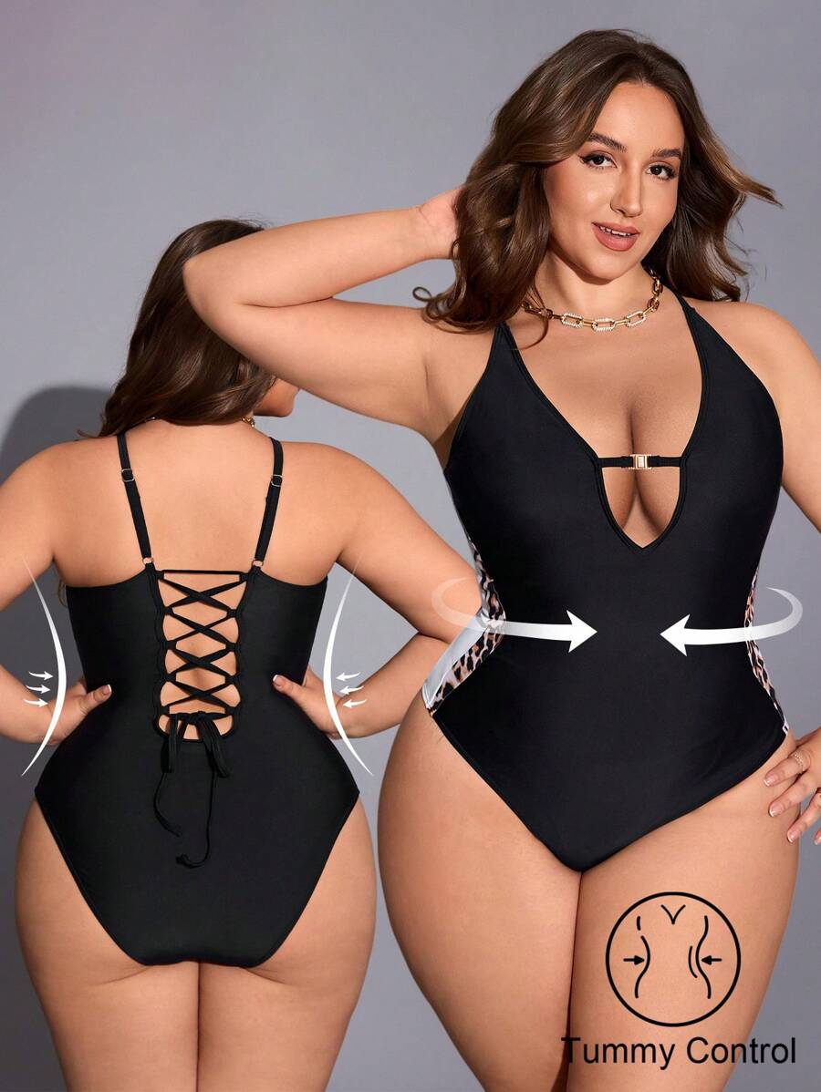 Shapewave Bộ đồ bơi một mảnh cỡ lớn có họa tiết da báo, khóa kéo có thể điều chỉnh, định hình và nâng đỡ - màu đen - Xem 1