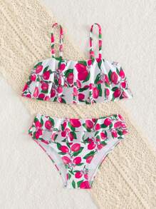 SHEIN 小女孩三件套泳衣套装，荷叶边三角形泳裤，甜美草莓水果印花，可调节肩带，弹性面料，夏季 - 彩色 - 查看 7