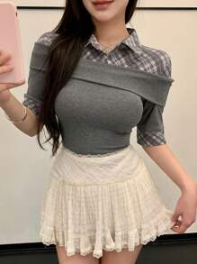 DAZY Chemise à manches courtes style de rue ajustée, épaules dénudées, couleurs contrastées à carreaux pour femmes, printemps/été/automne - Gris - Voir 13