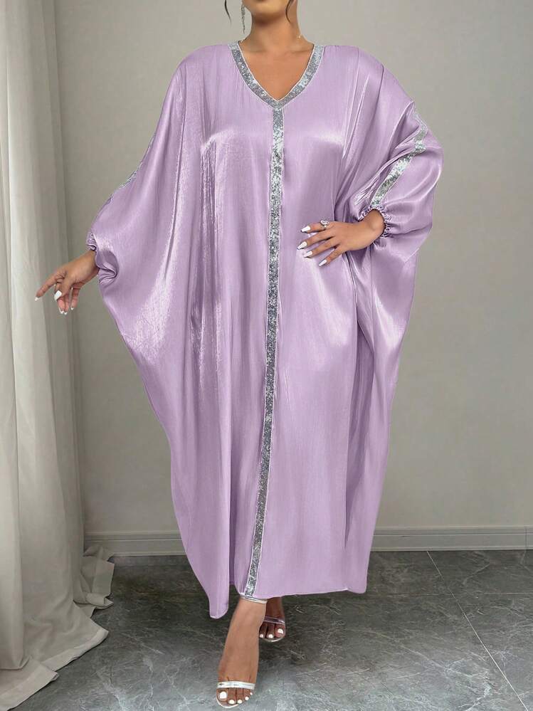 Elenzga 女士加大码优雅中东风格修身长裙 - 紫色 - 查看 3