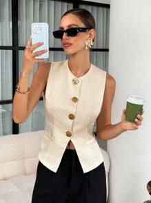 Lavishia Camicia casual aderente con collo a equipaggio e bottoni in metallo texturizzati, abbigliamento autunnale da donna, stile Y2K old money, abbigliamento da lavoro casual e da ufficio, adatto per l'aeroporto