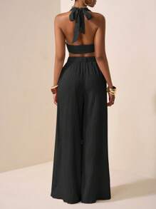 Zivah Conjunto de dos piezas para mujer, estilo nuevo, informal, para vacaciones, citas diarias, playa, fiesta, club, elegante, cuello halter, tirantes, escote en V profundo, diseño de tirantes delanteros y centrales, sin mangas, pantalones extra largos de pierna ancha, color albaricoque.