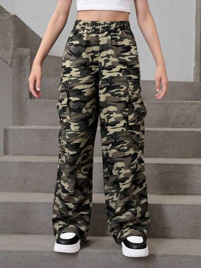 SHEIN SLAYR KIDS Tween Girls'' Loose Casual Simple & Comfortable Cargo Pocket Wide Leg Long Pants