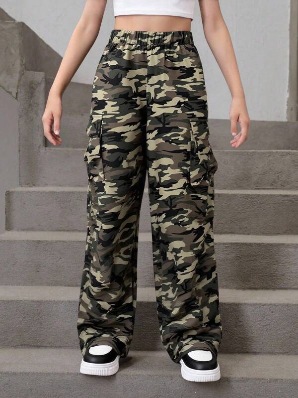 SHEIN Pantaloni largi, casual, simpli și confortabili, cu buzunar cargo, pentru fete Tween
