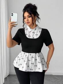 Elenzga 大码夏季休闲色块蝴蝶结印花衬衫