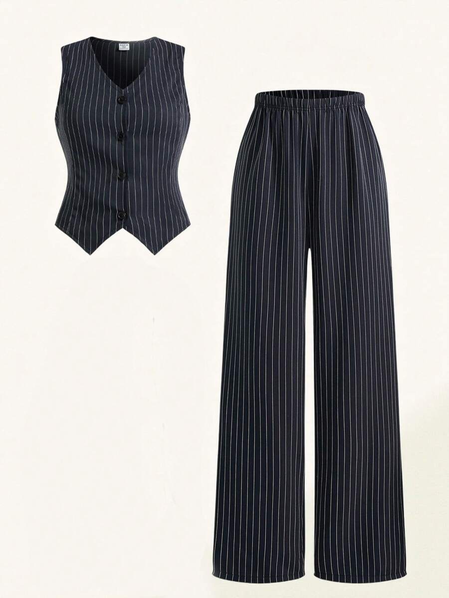 SHEIN Explorewe 2pcs/Set Teenager Striped Vest Top And Matching Striped High-Waisted Pants, Elegant Premium Set - Black - View 1