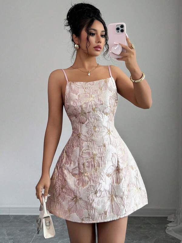 SHEIN Tall Vestido sin mangas de cintura alta para mujer, vestido de princesa con espalda descubierta y espalda abierta de tela metálica 3D de florecillo jacá, estilo francés, sexy y elegante, ropa de verano y otoño para mujeres de vuelta a la escuela