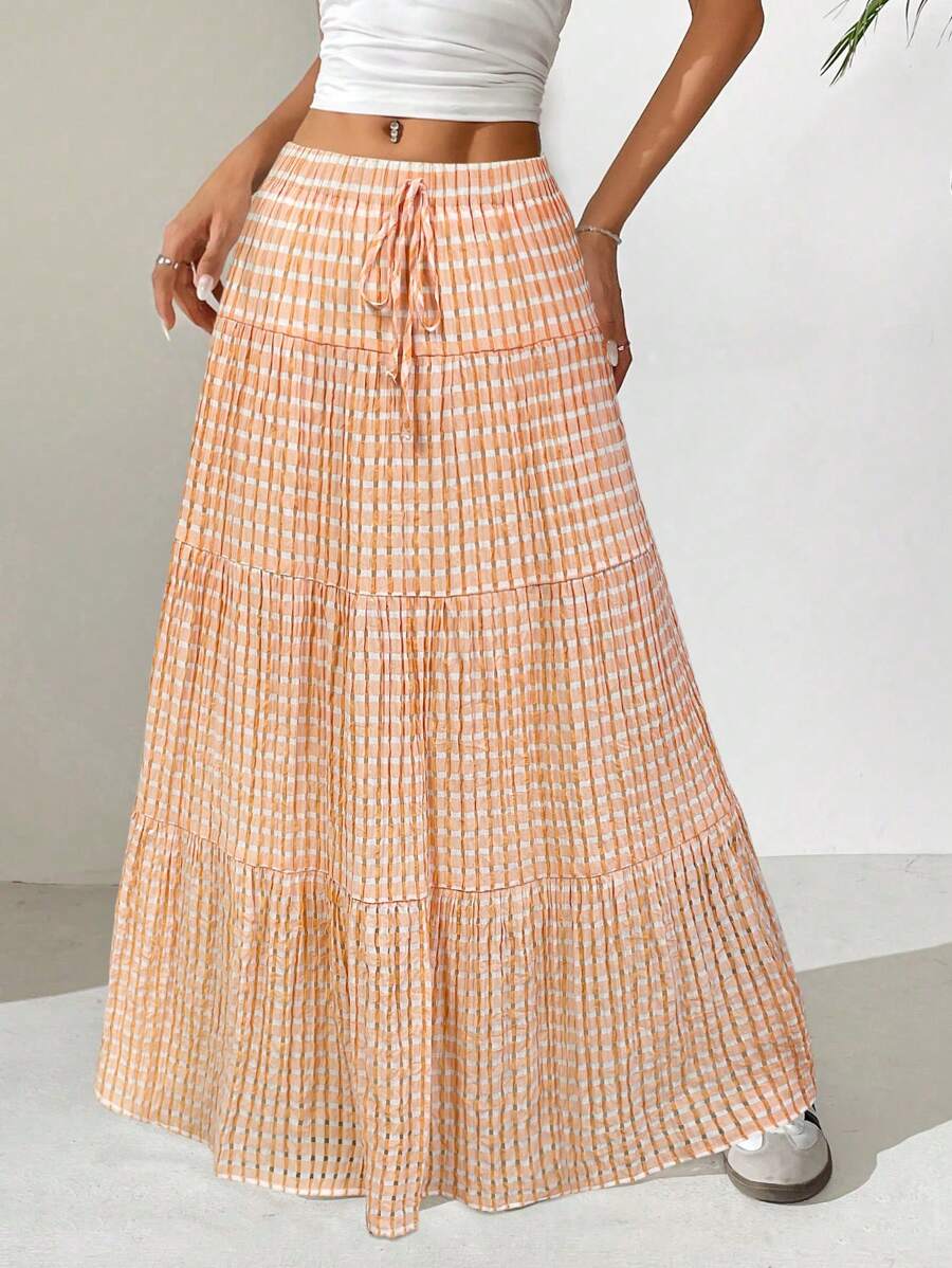 SHEIN EZwear 女式夏季休闲格子荷叶边下摆半身裙 - 橘色 - 查看 1