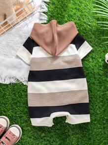 Newborn Baby Boy Cute Summer Knit Patchwork Striped Bear Pattern Hooded Romper - Multicolor - View 6